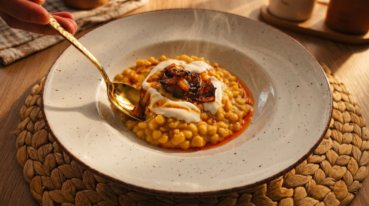 Yellow Pea Stew with Greek Yogurt