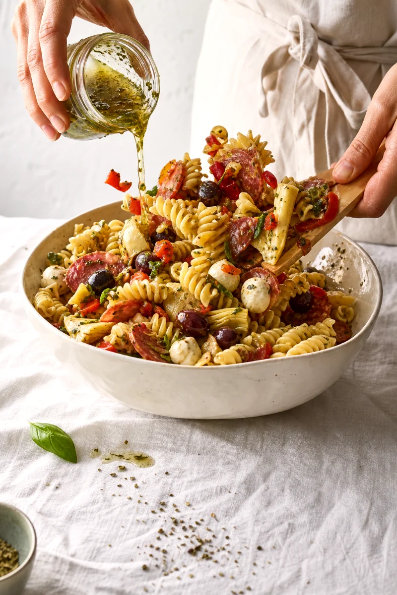 antipasto-pasta-salad-tossing-process