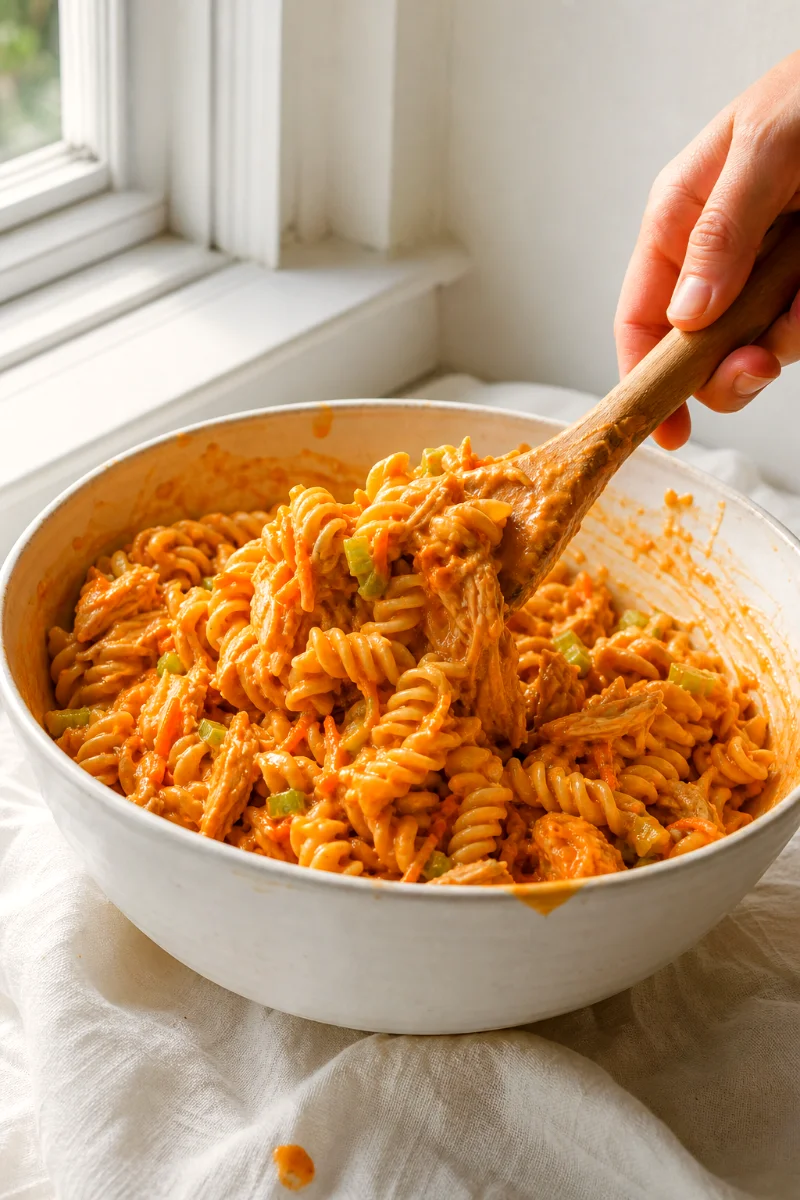 buffalo-chicken-pasta-salad-mixing
