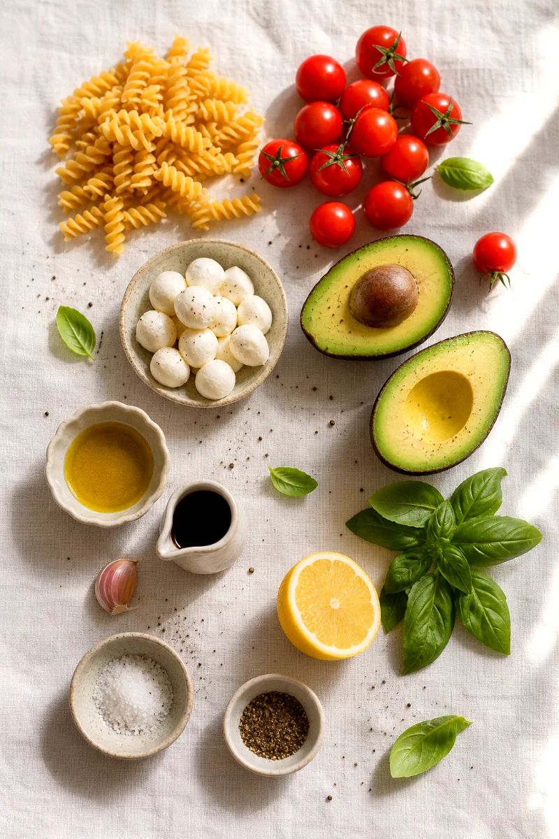 caprese-avocado-pasta-salad-ingredients