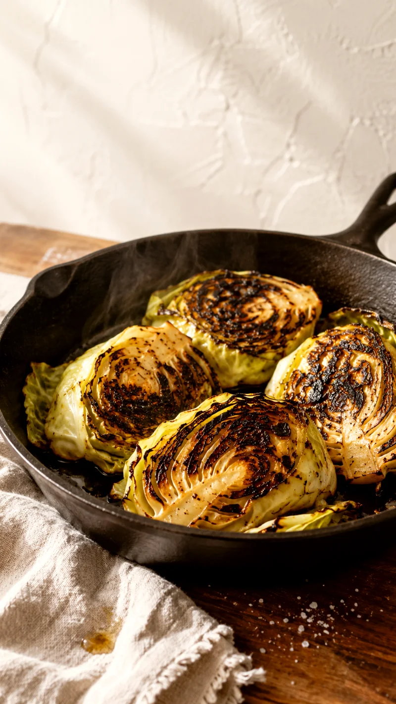 charring-cabbage-wedges-skillet