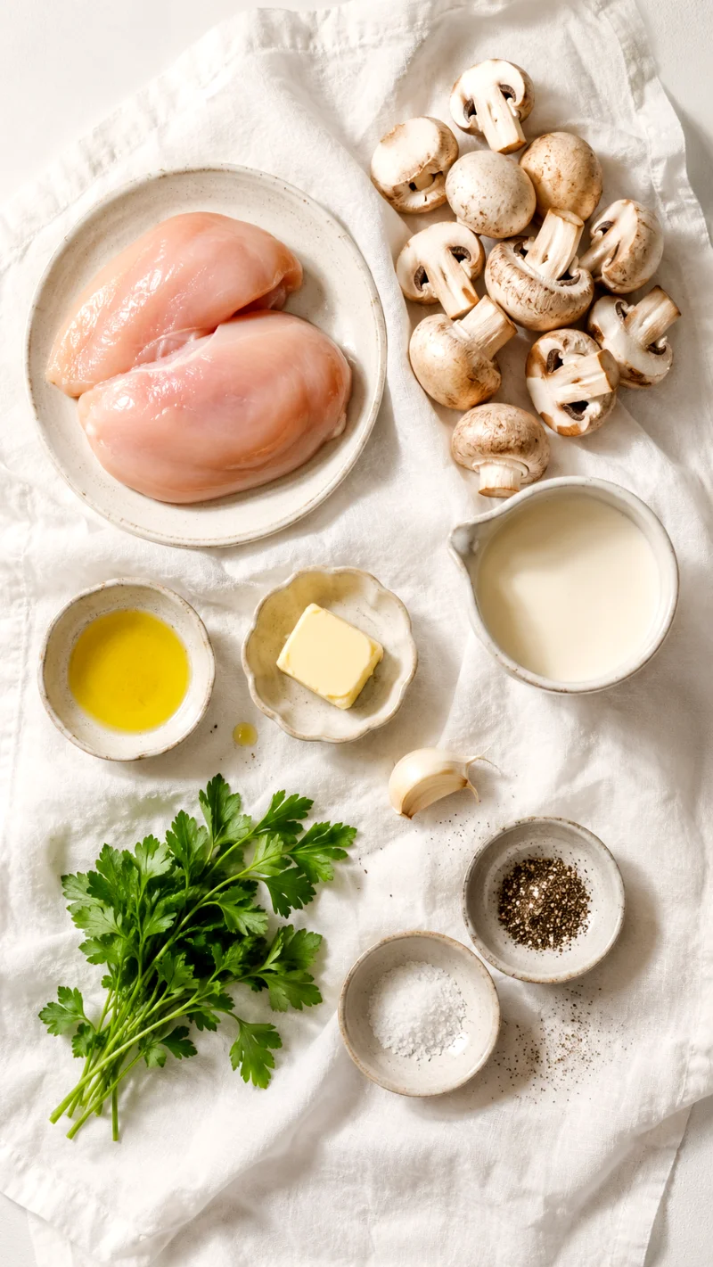 creamy-mushroom-chicken-ingredients-flatlay