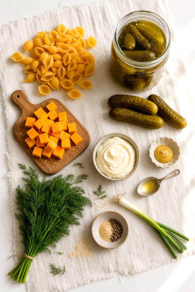 dill-pickle-pasta-salad-ingredients-flat-lay