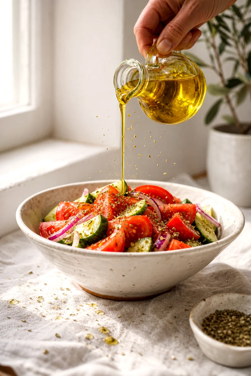 drizzling-olive-oil-tomato-cucumber-salad