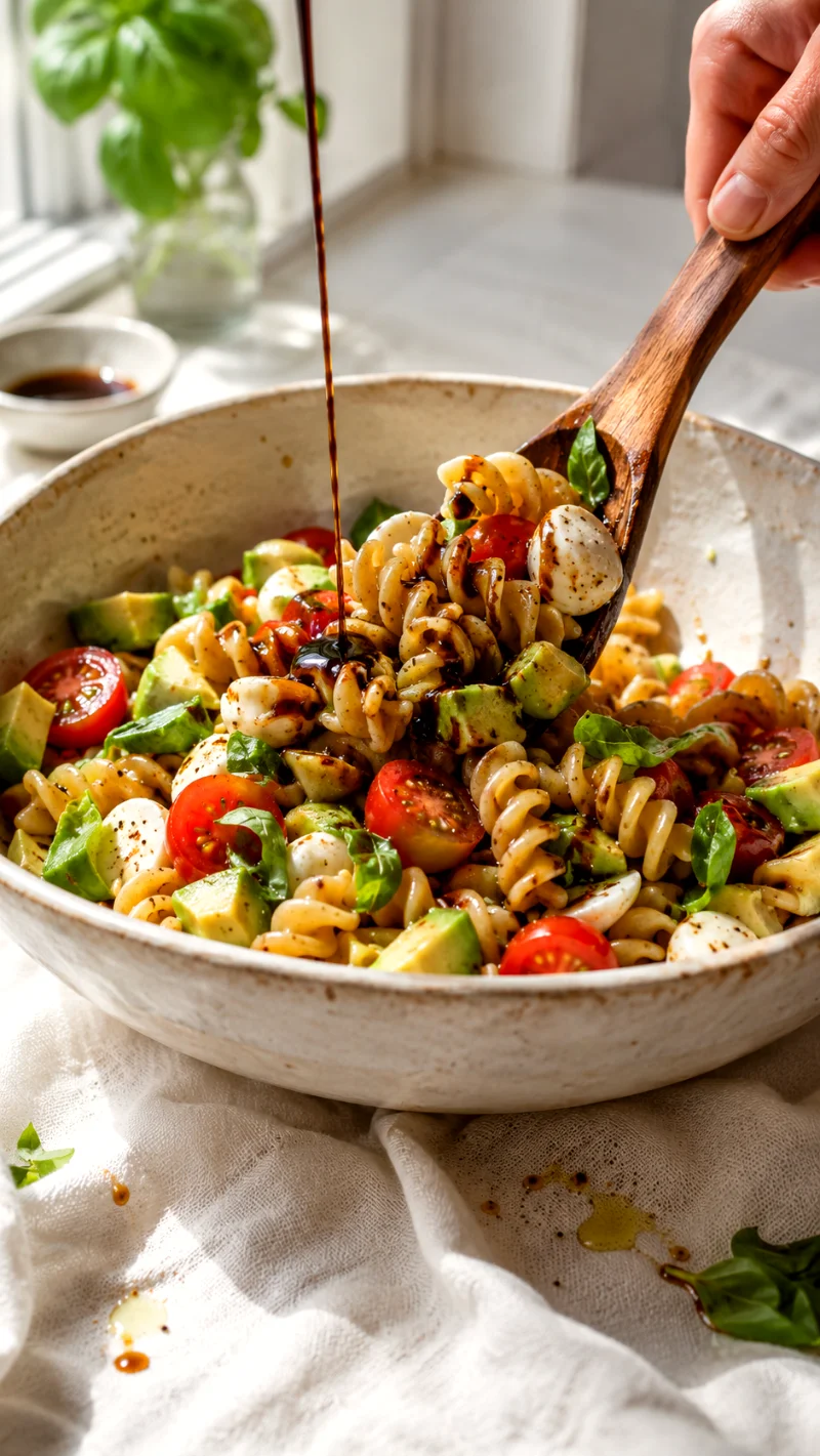 folding-caprese-avocado-pasta-salad