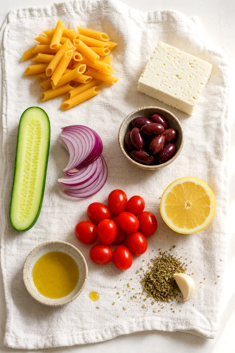 greek-pasta-salad-ingredients-flat-lay