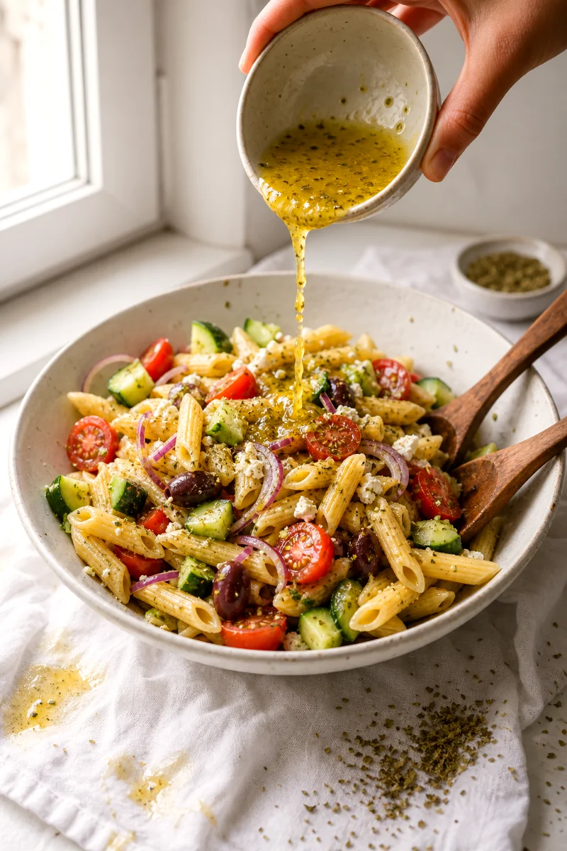 greek-pasta-salad-pouring-lemon-dressing