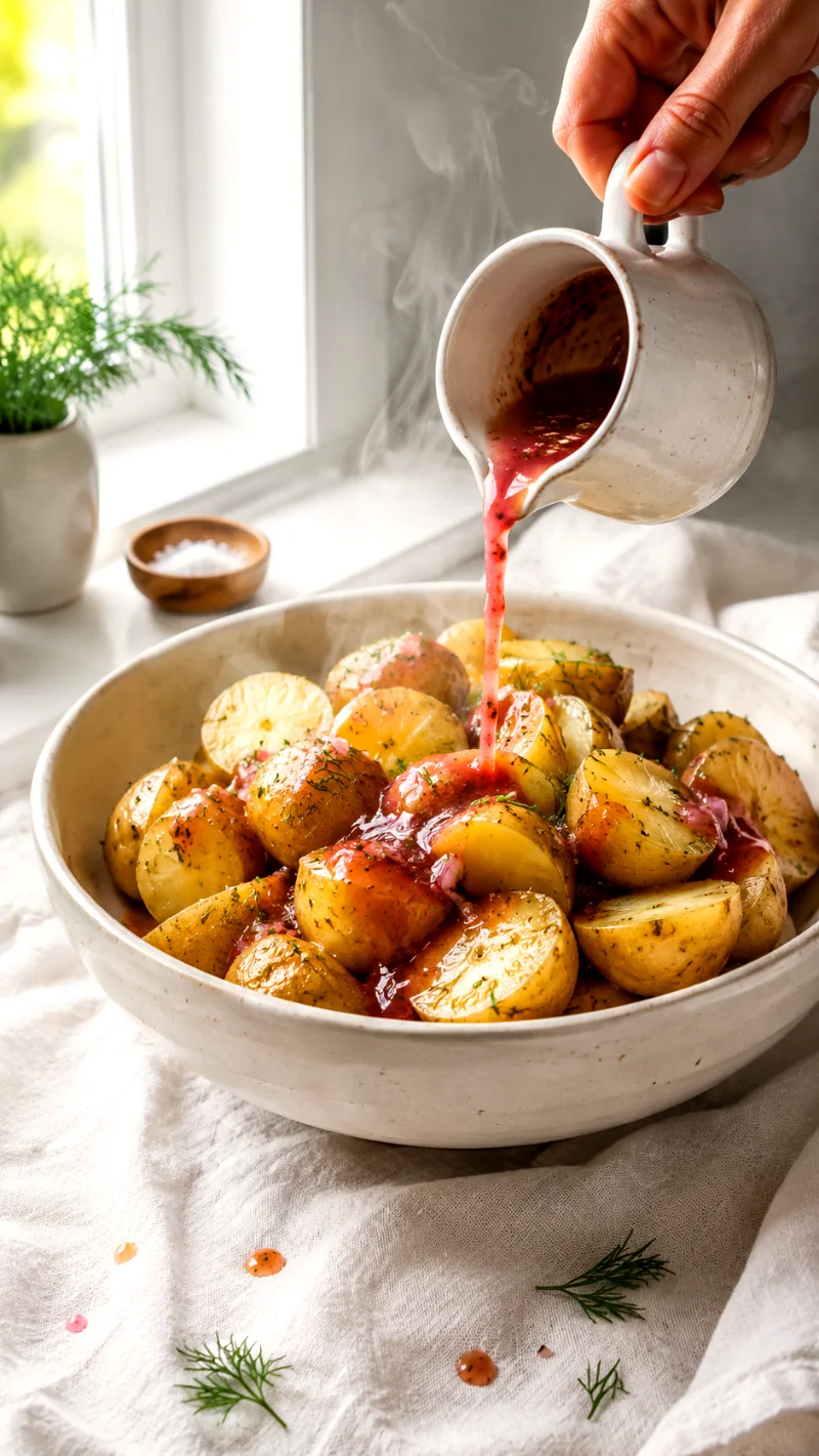 greek-potato-salad-pouring-vinaigrette