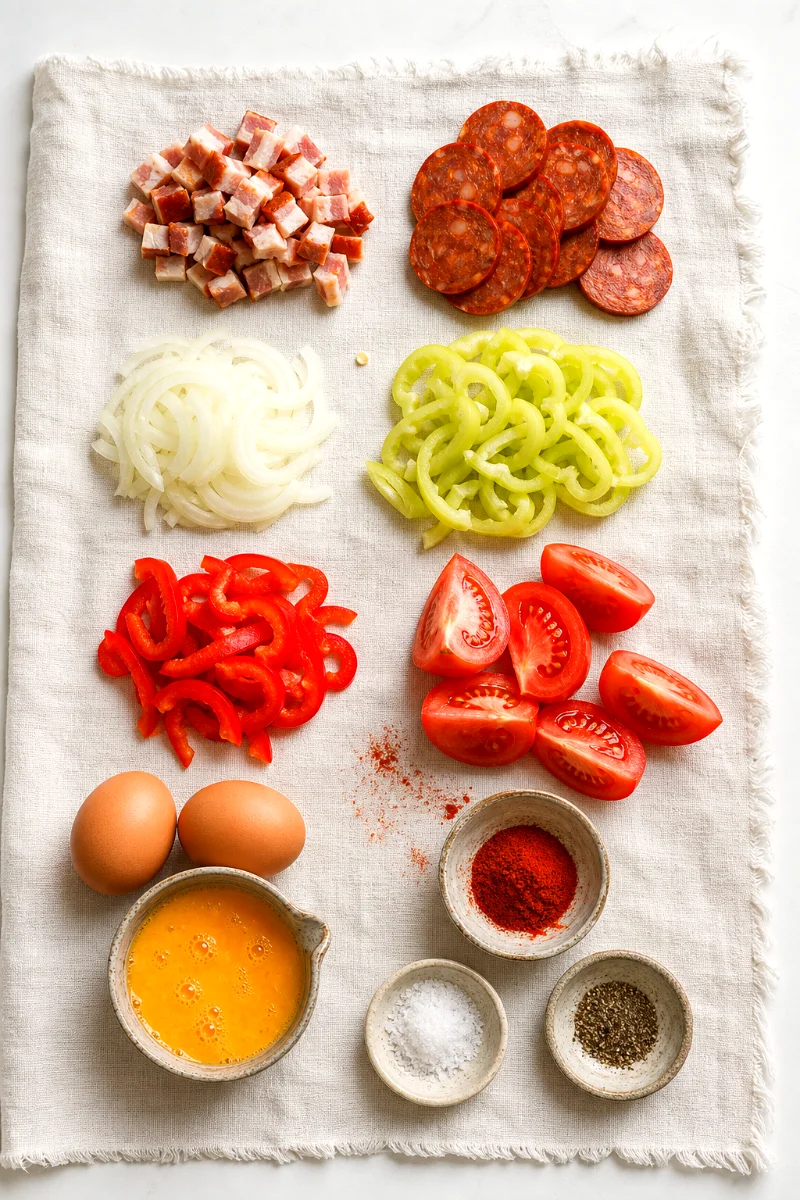 hungarian-egg-lecso-ingredients-flat-lay