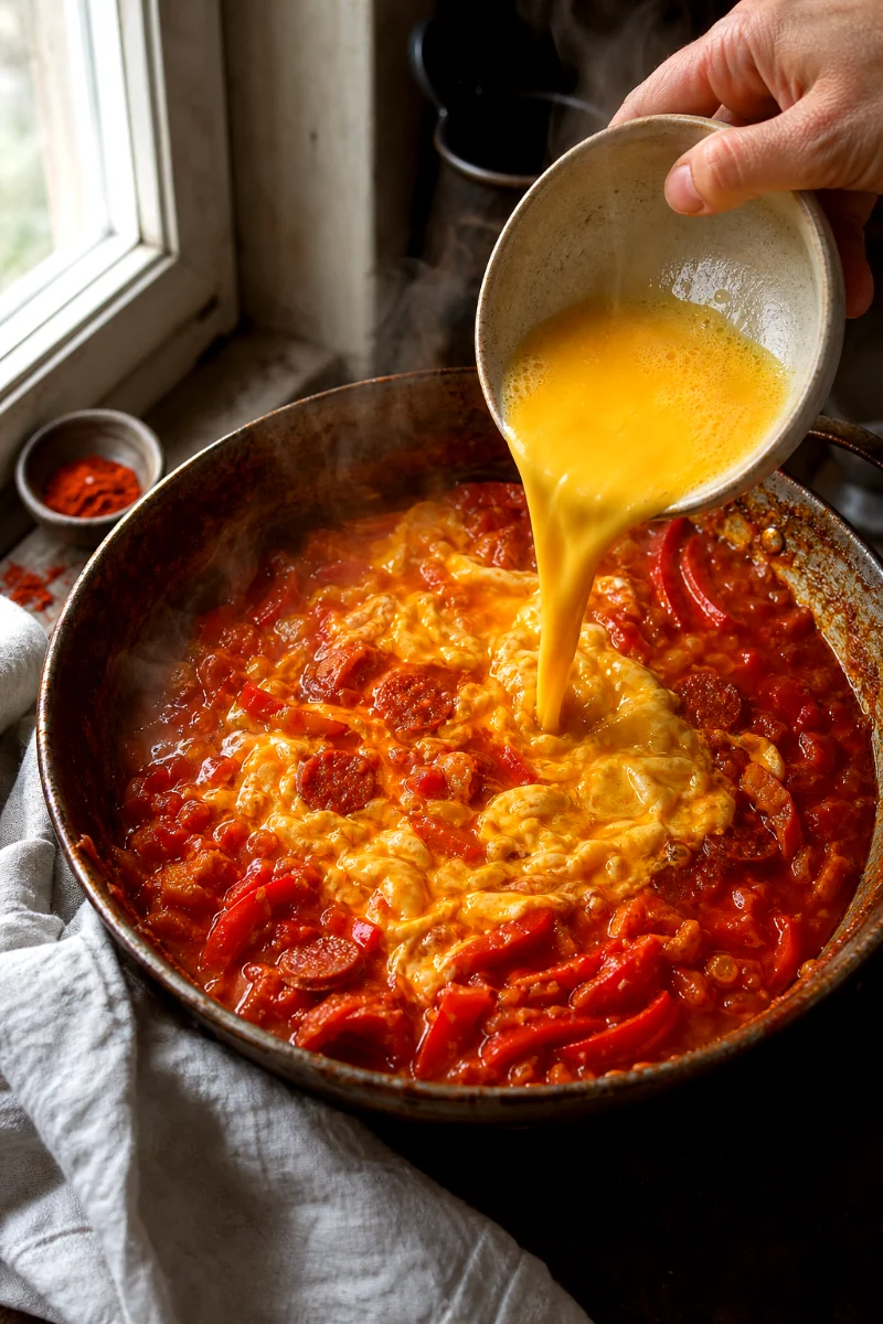 hungarian-egg-lecso-pouring-egg-process