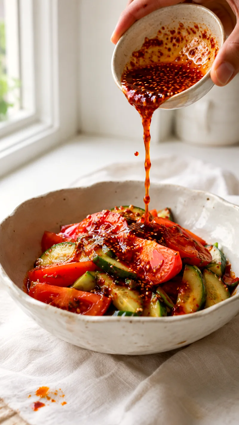 korean-tomato-cucumber-salad-dressing-pour