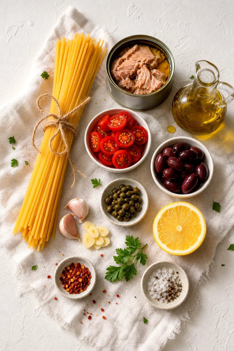 mediterranean-tuna-pasta-ingredients-flat-lay