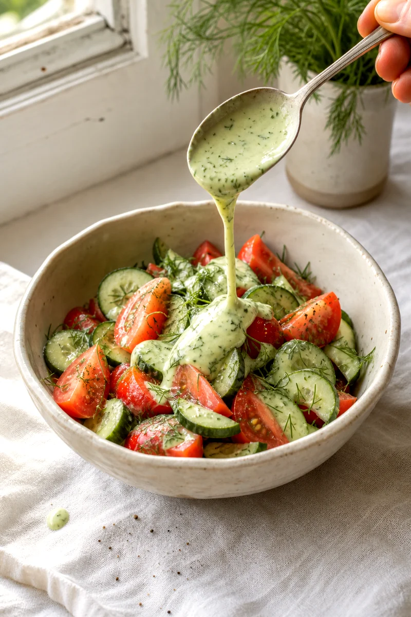 pouring-creamy-dill-dressing-salad