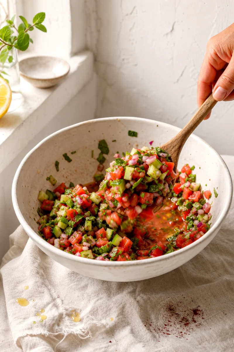 shirazi-salad-tossing-fresh-herbs-process