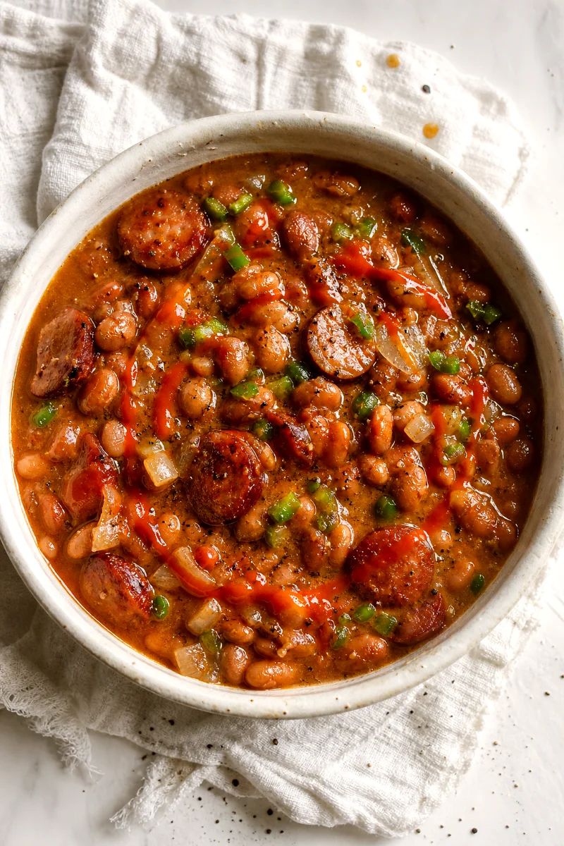 smoked-sausage-pinto-beans-top-down-close-up