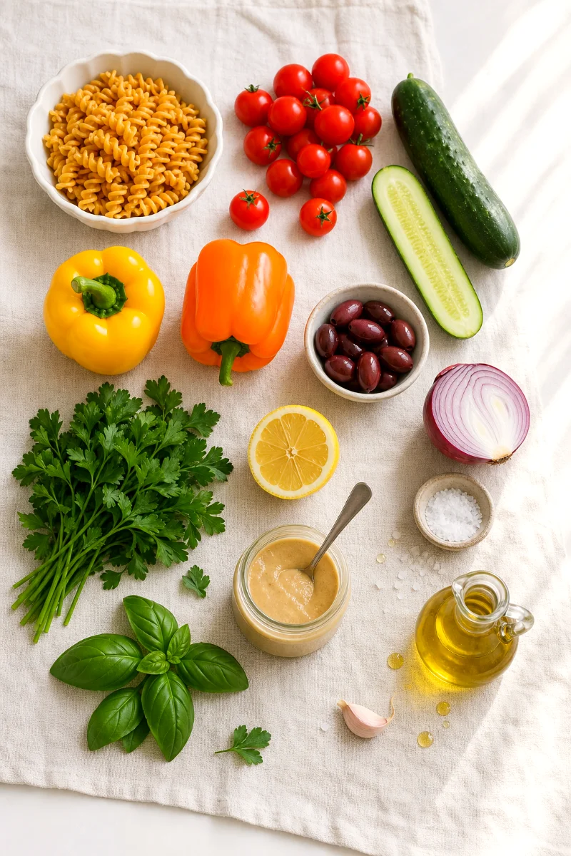vegan-pasta-salad-fresh-ingredients-flat-lay