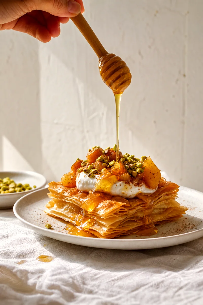 honeyed-phyllo-stacks-honey-drizzle-process