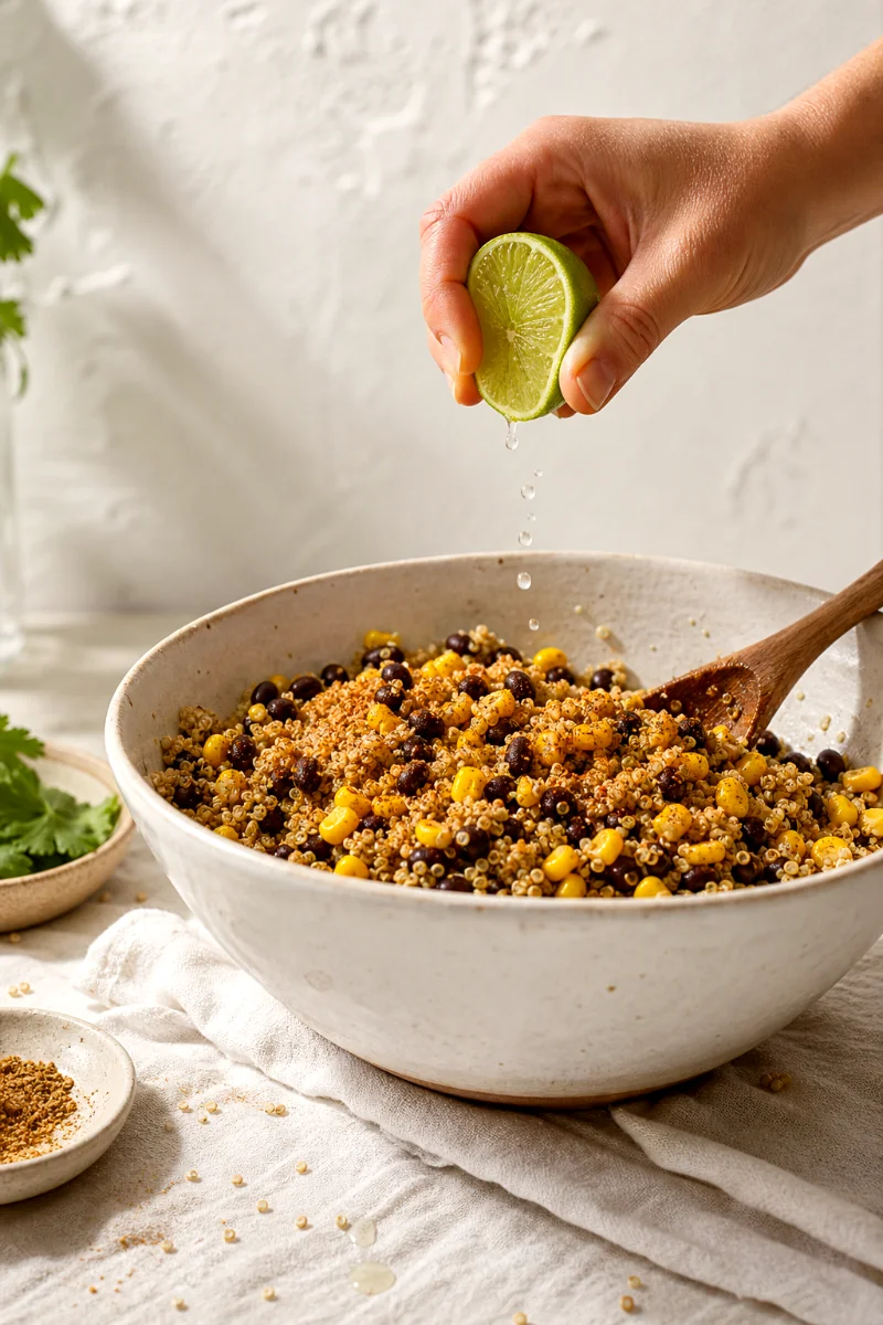 mixing-quinoa-taco-salad-base