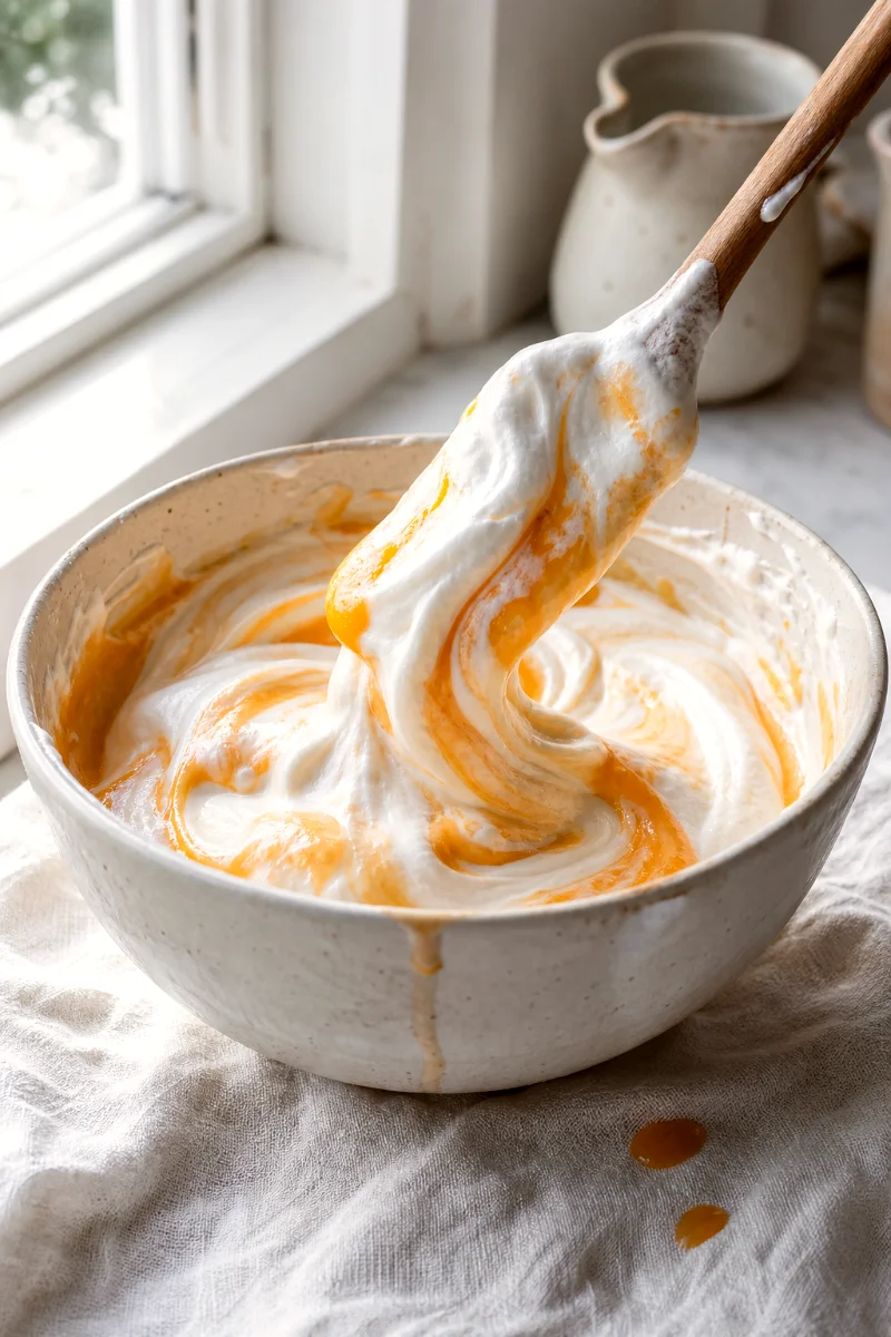 no-churn-peach-ice-cream-folding-puree
