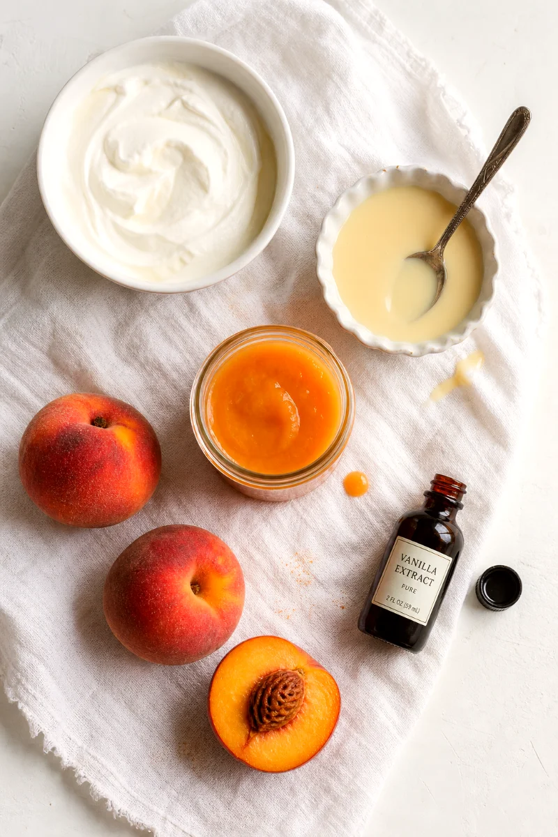 no-churn-peach-ice-cream-ingredients-flat-lay