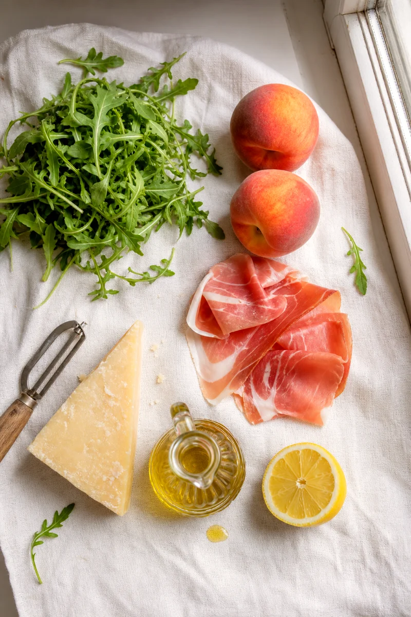 peach-arugula-salad-ingredients-flat-lay