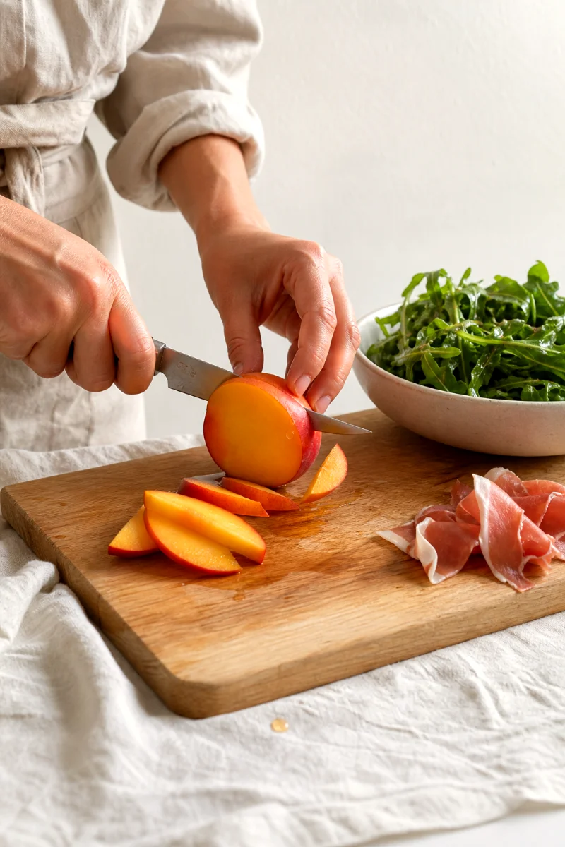 peach-arugula-salad-slicing-peaches