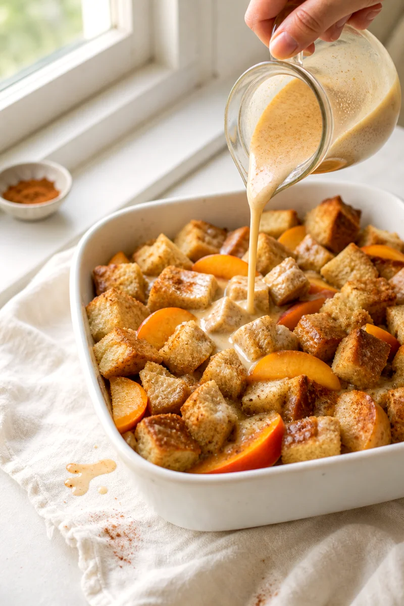 peach-cobbler-french-toast-bake-pouring-custard