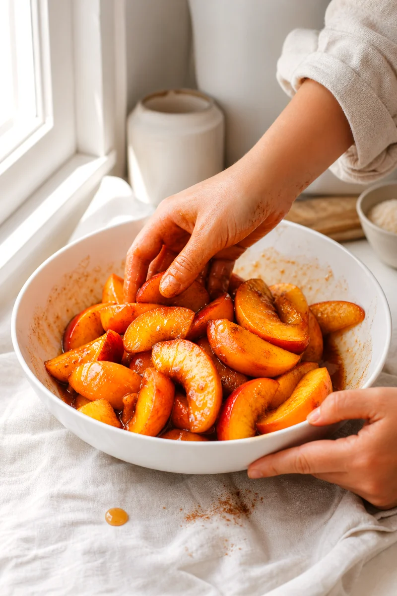 peach-cobbler-pie-tossing-spiced-peaches