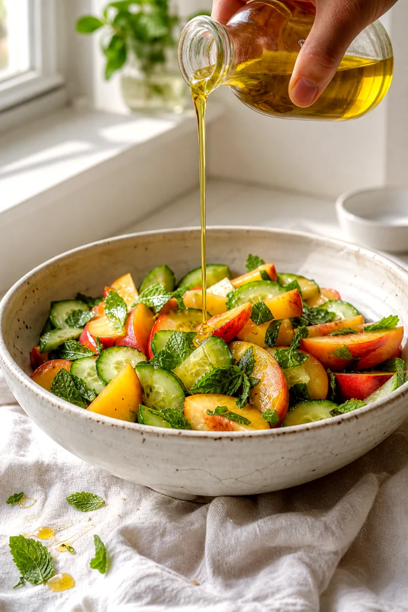 peach-cucumber-mint-salad-drizzling-olive-oil