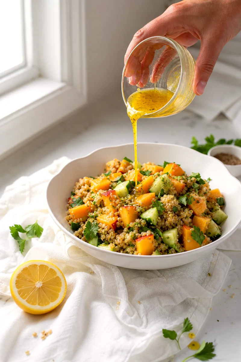 peach-quinoa-salad-pouring-lemon-dressing