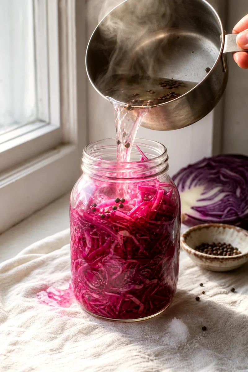 pickled-red-cabbage-pouring-brine