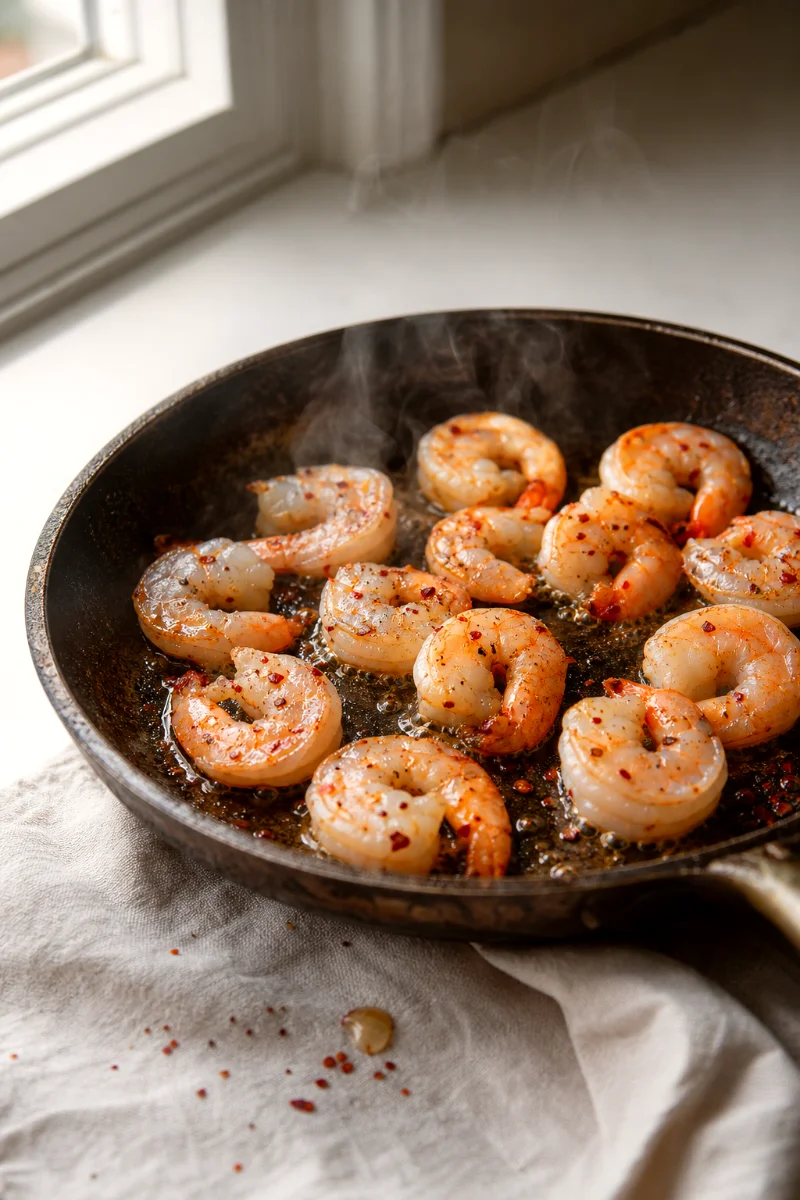 searing-shrimp-for-mango-avocado-taco-salad