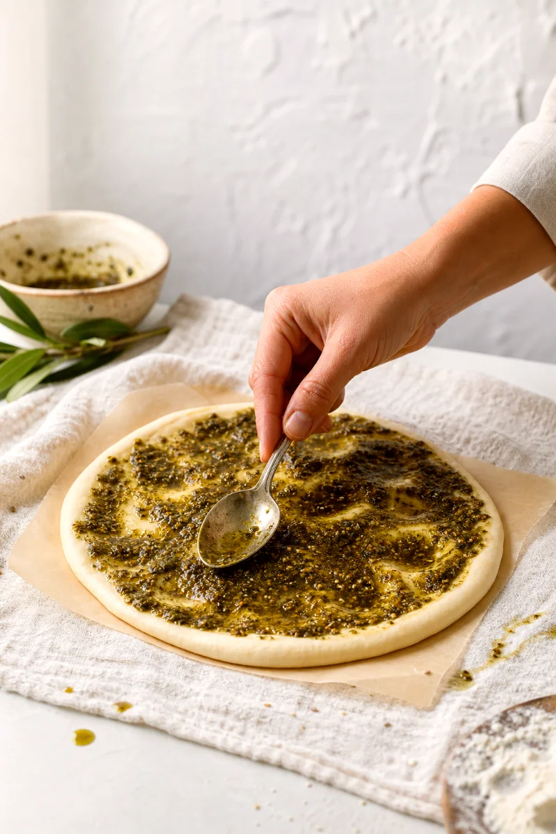 spreading-zaatar-paste-on-dough