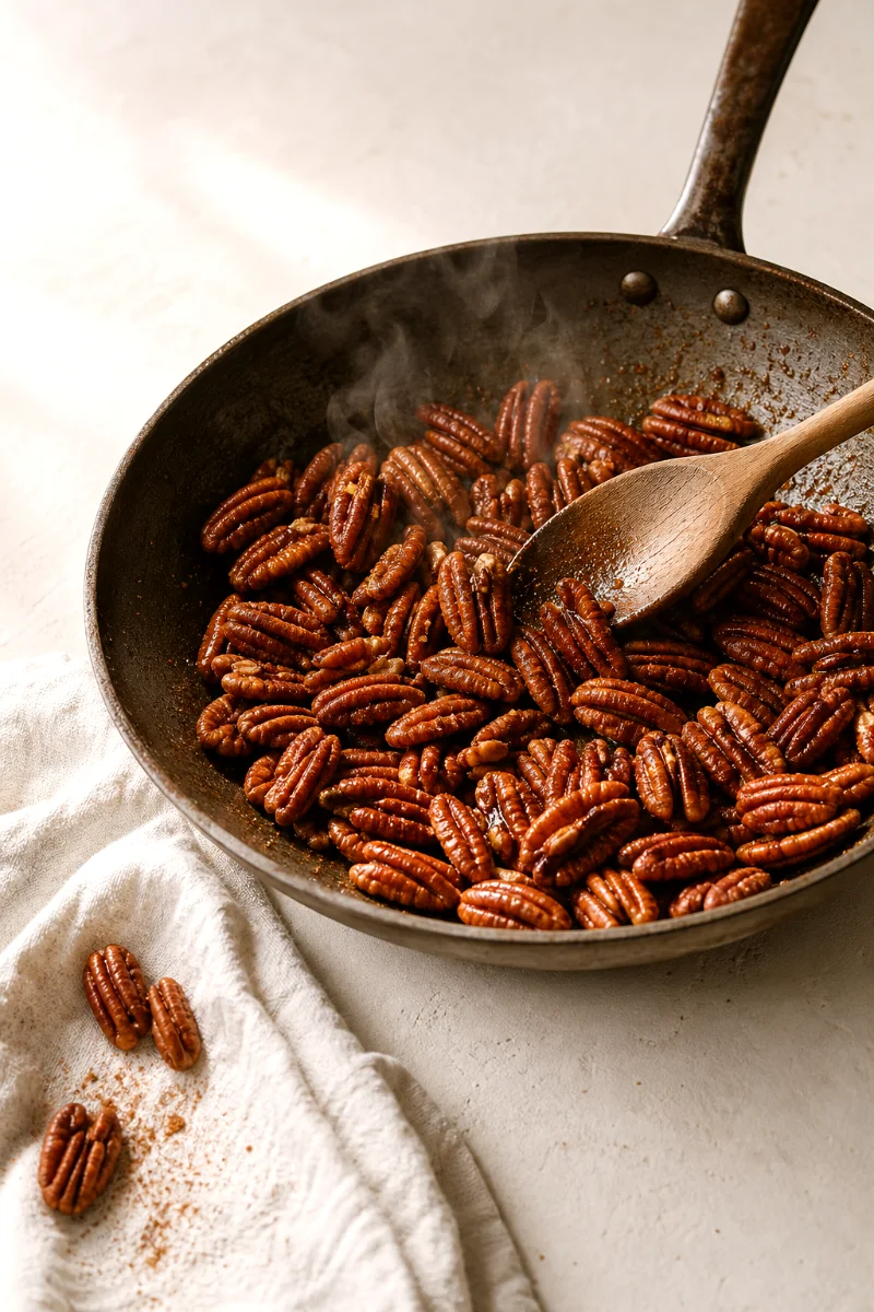 toasting-pecans-for-spinach-peach-salad