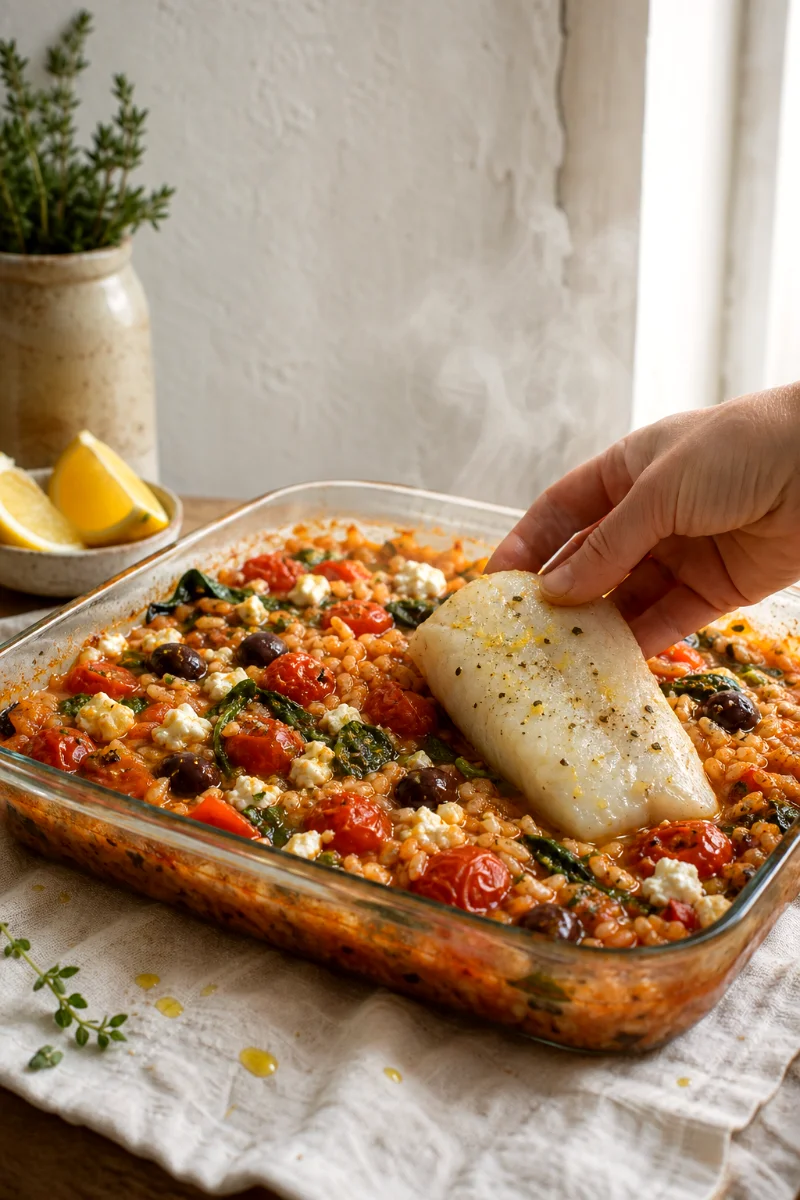 adding-cod-feta-to-tomato-rice-casserole