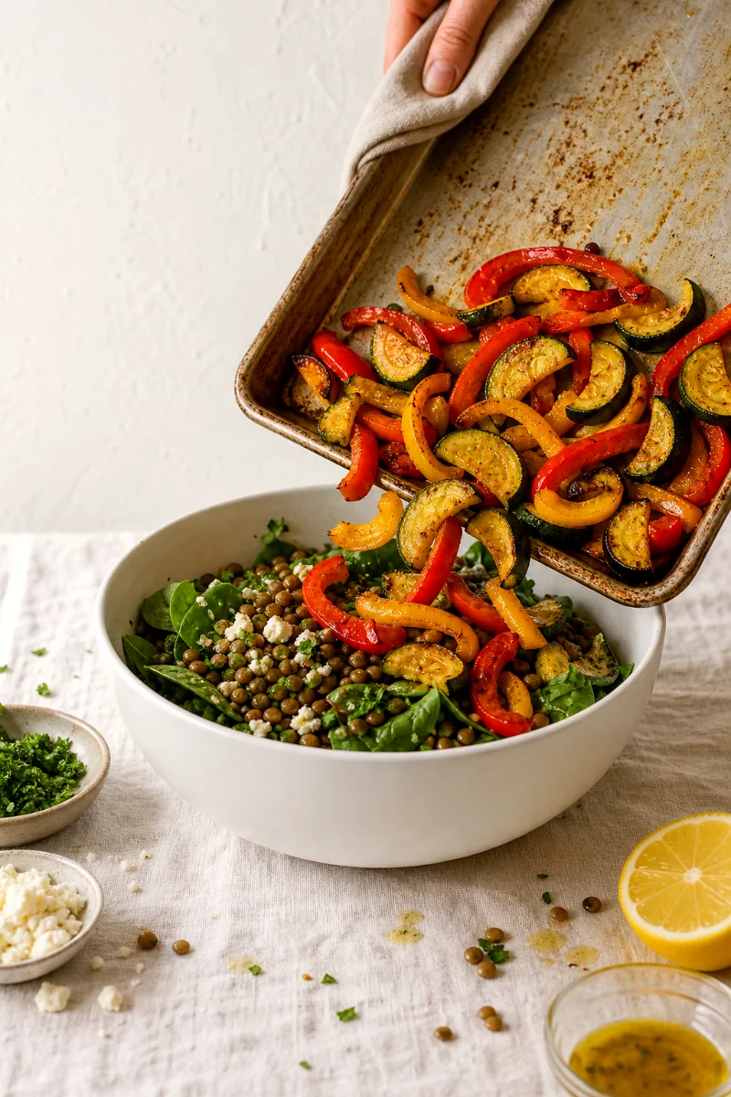 adding-roasted-vegetables-to-lentil-salad