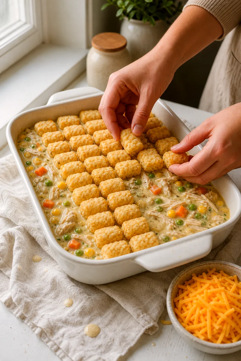 arranging-tater-tots-on-chicken-pot-pie-casserole