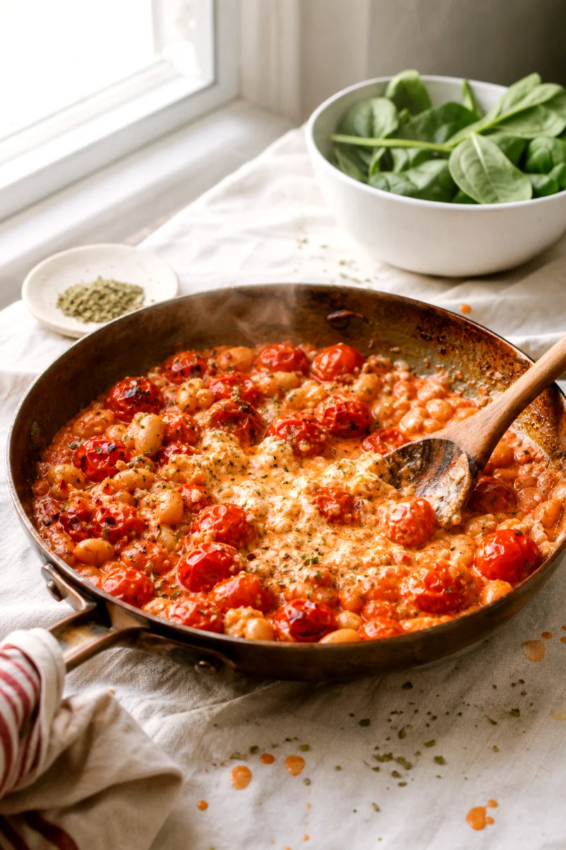 baked-feta-tomato-white-bean-skillet-cooking-process