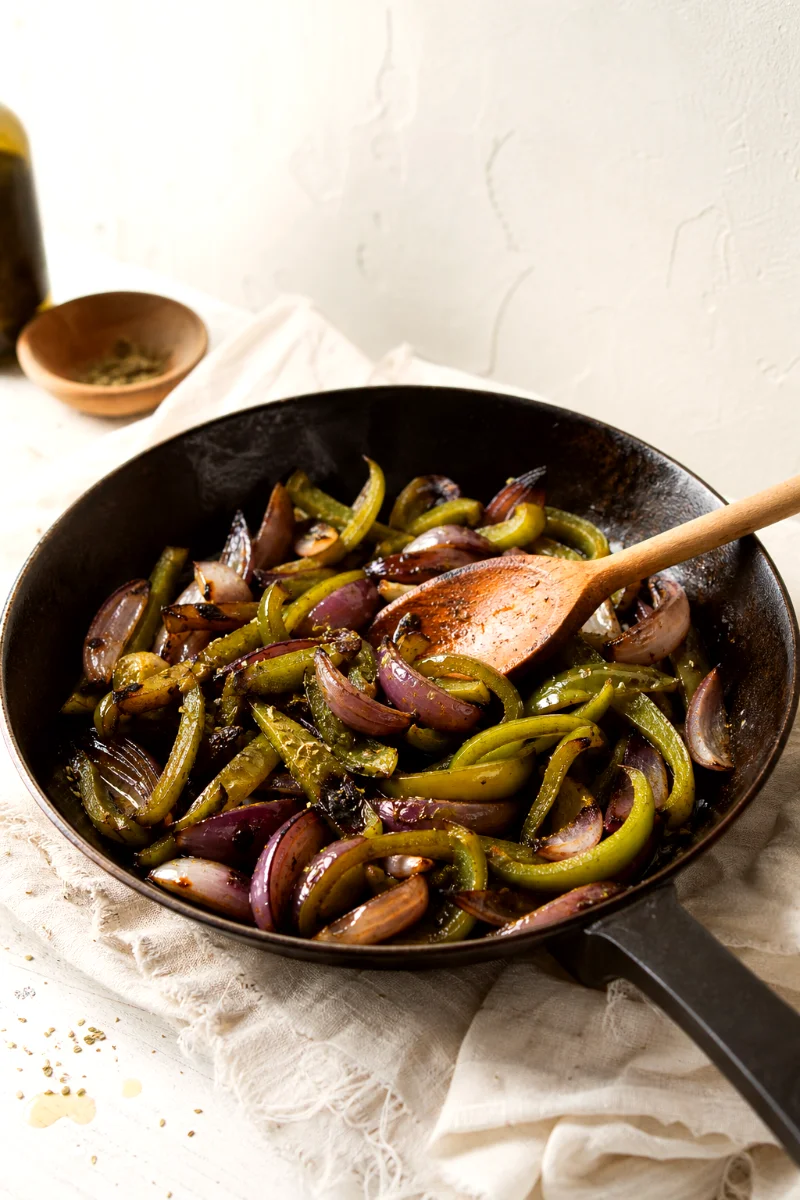 charring-peppers-onions-skillet