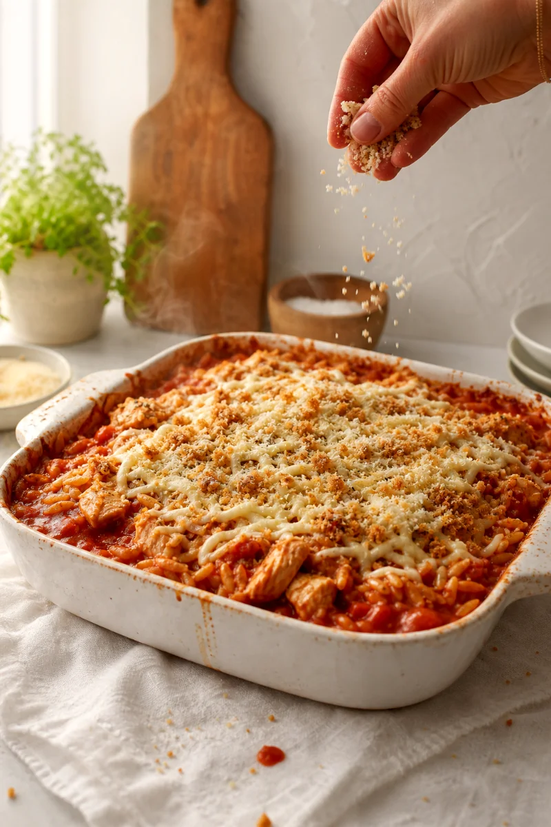 chicken-parmesan-orzo-casserole-topping-process