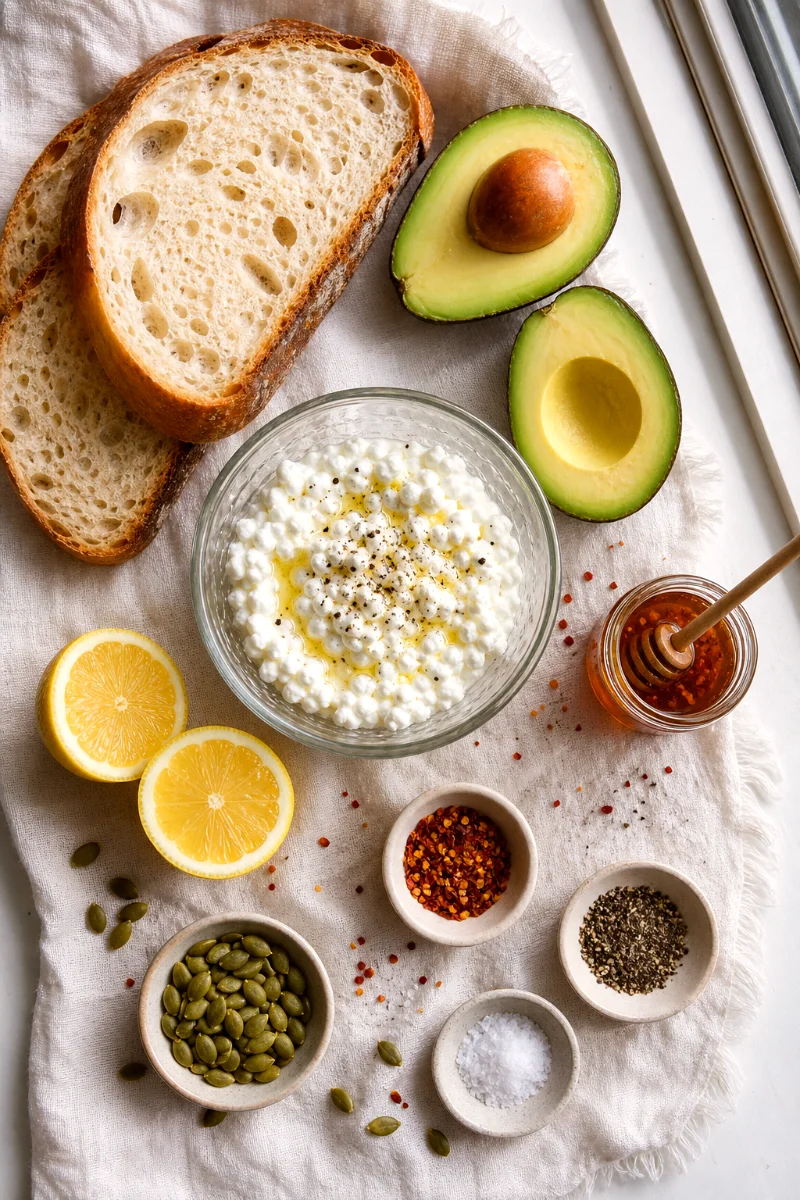 cottage-cheese-avocado-toast-ingredients-flat-lay