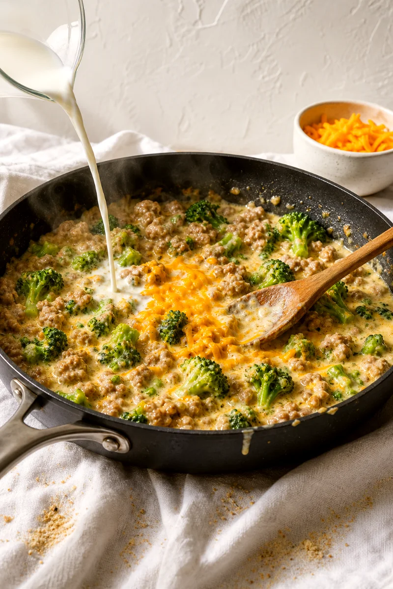 creamy-broccoli-turkey-skillet-cooking-process
