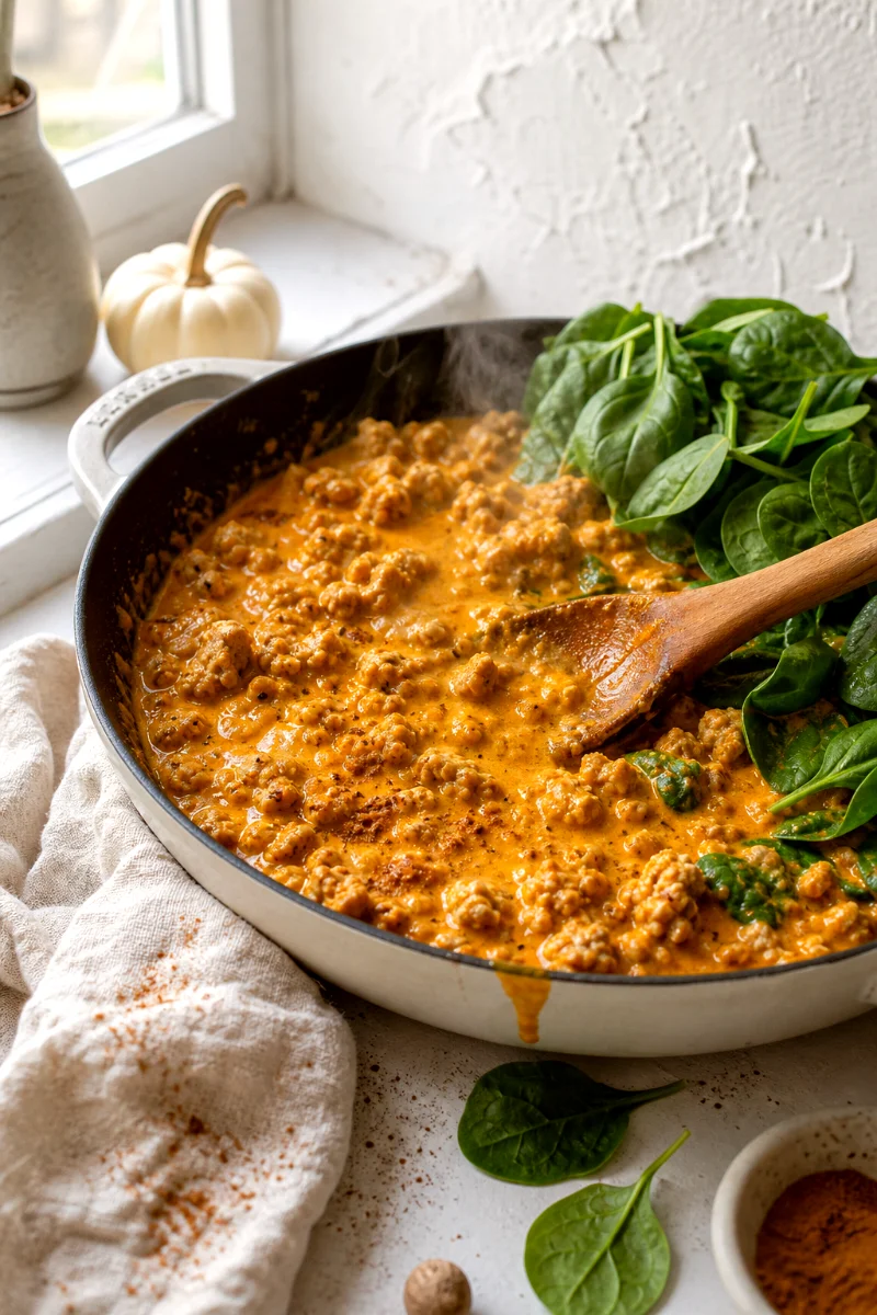 creamy-pumpkin-turkey-skillet-cooking-process