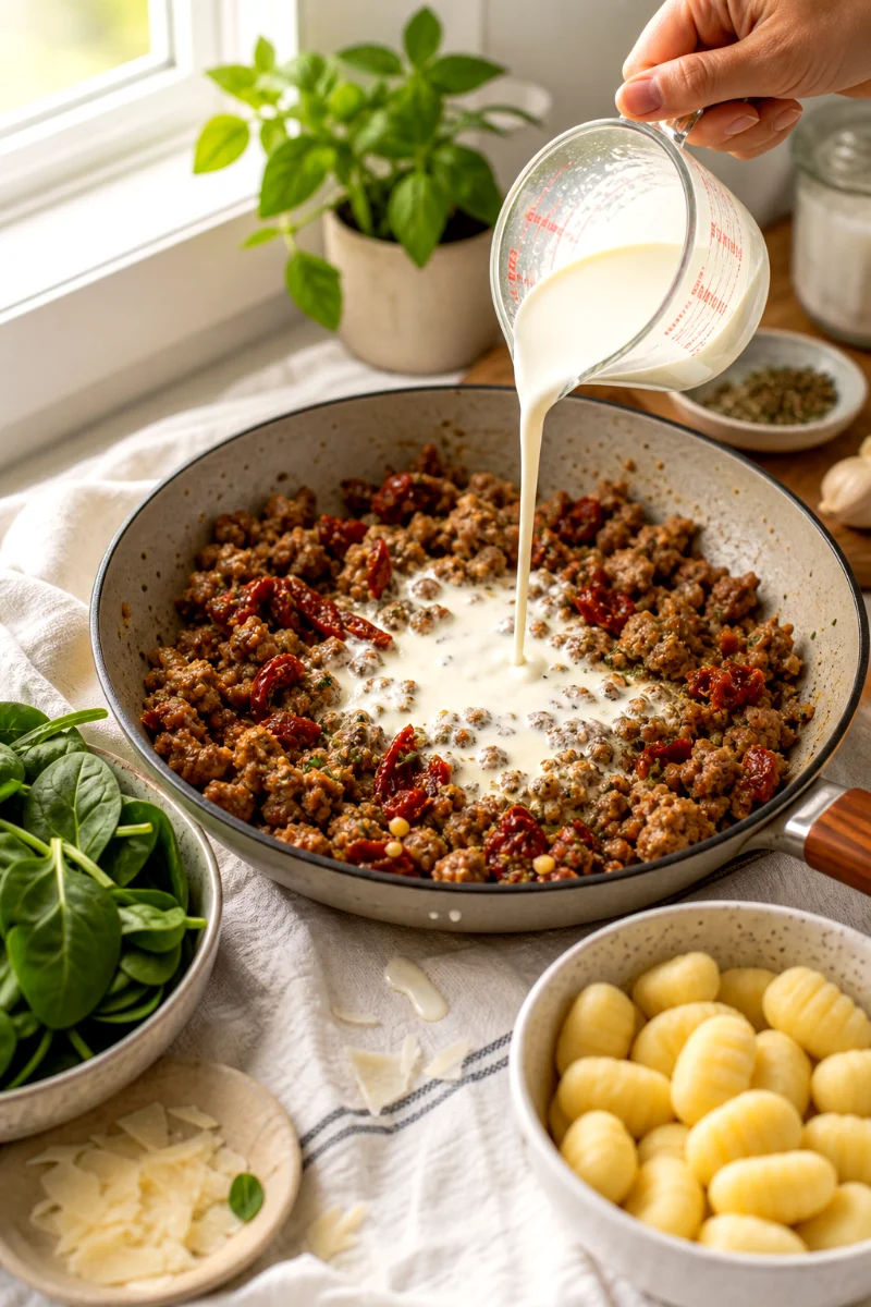 creamy-tuscan-sausage-gnocchi-cooking-process