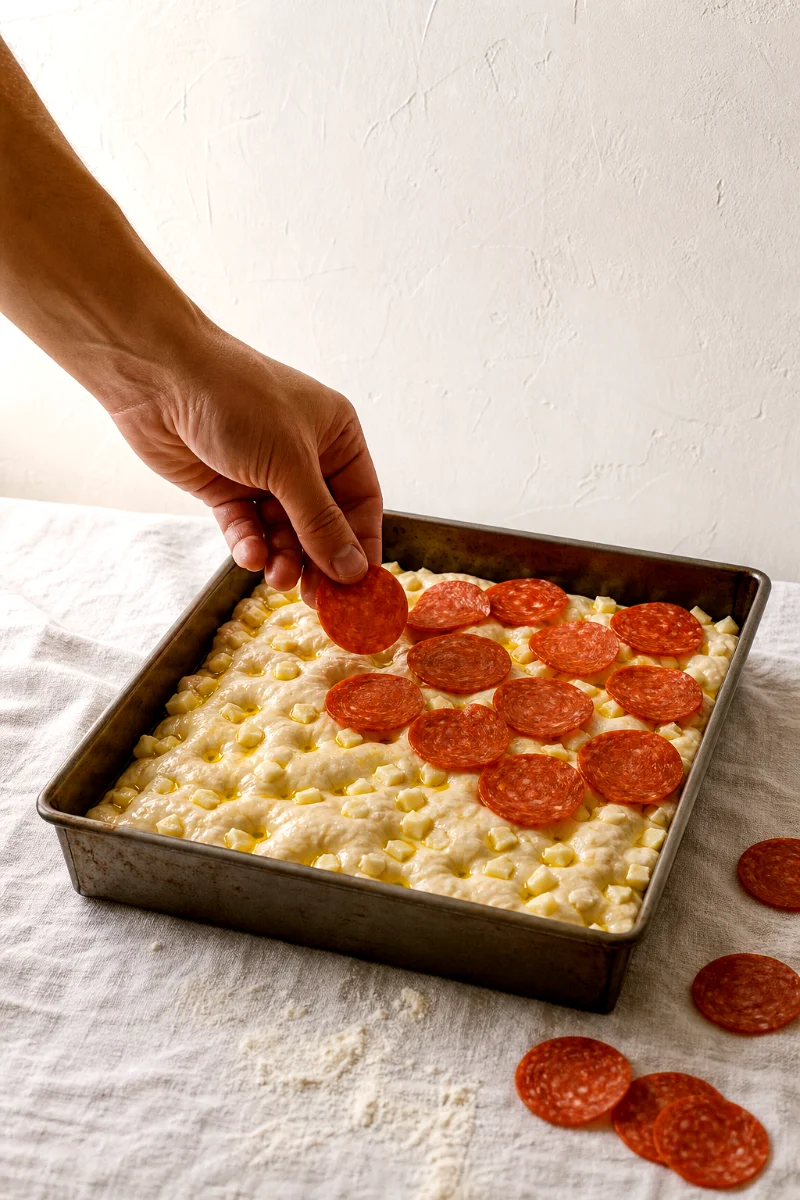 detroit-pepperoni-pan-pizza-layering-cheese-pepperoni