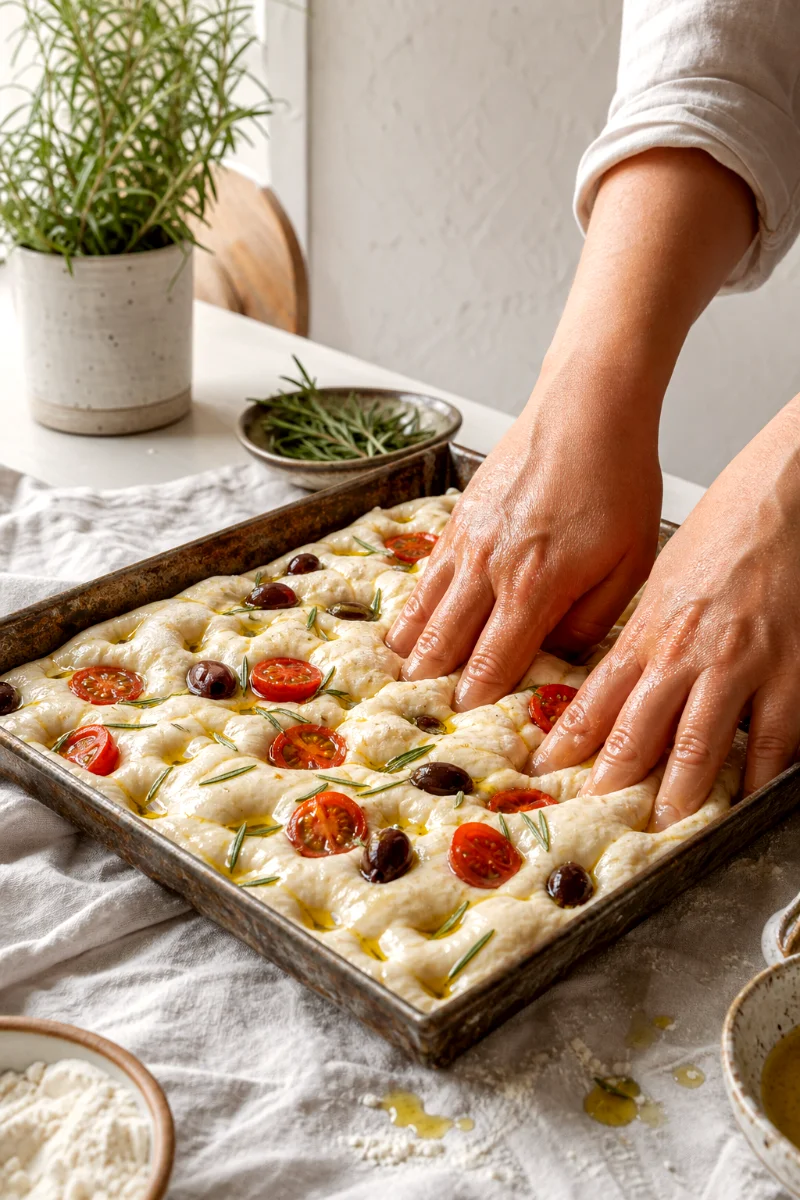 dimpling-focaccia-dough-with-olive-oil-toppings
