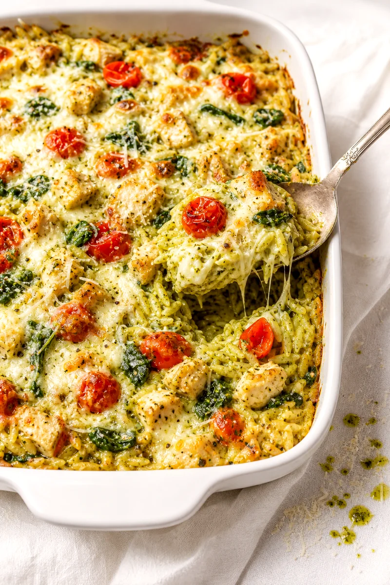 finished-pesto-chicken-orzo-casserole-top-down
