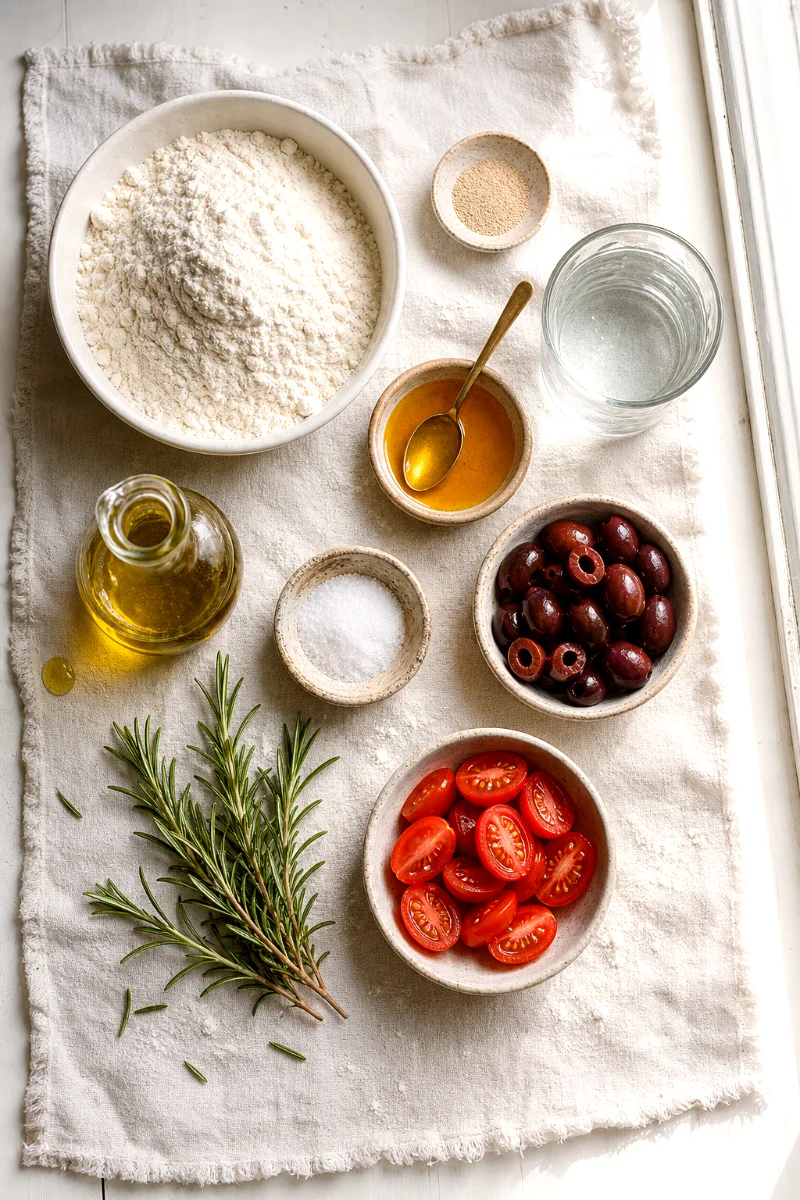 focaccia-ingredients-flour-yeast-olives-tomatoes-rosemary