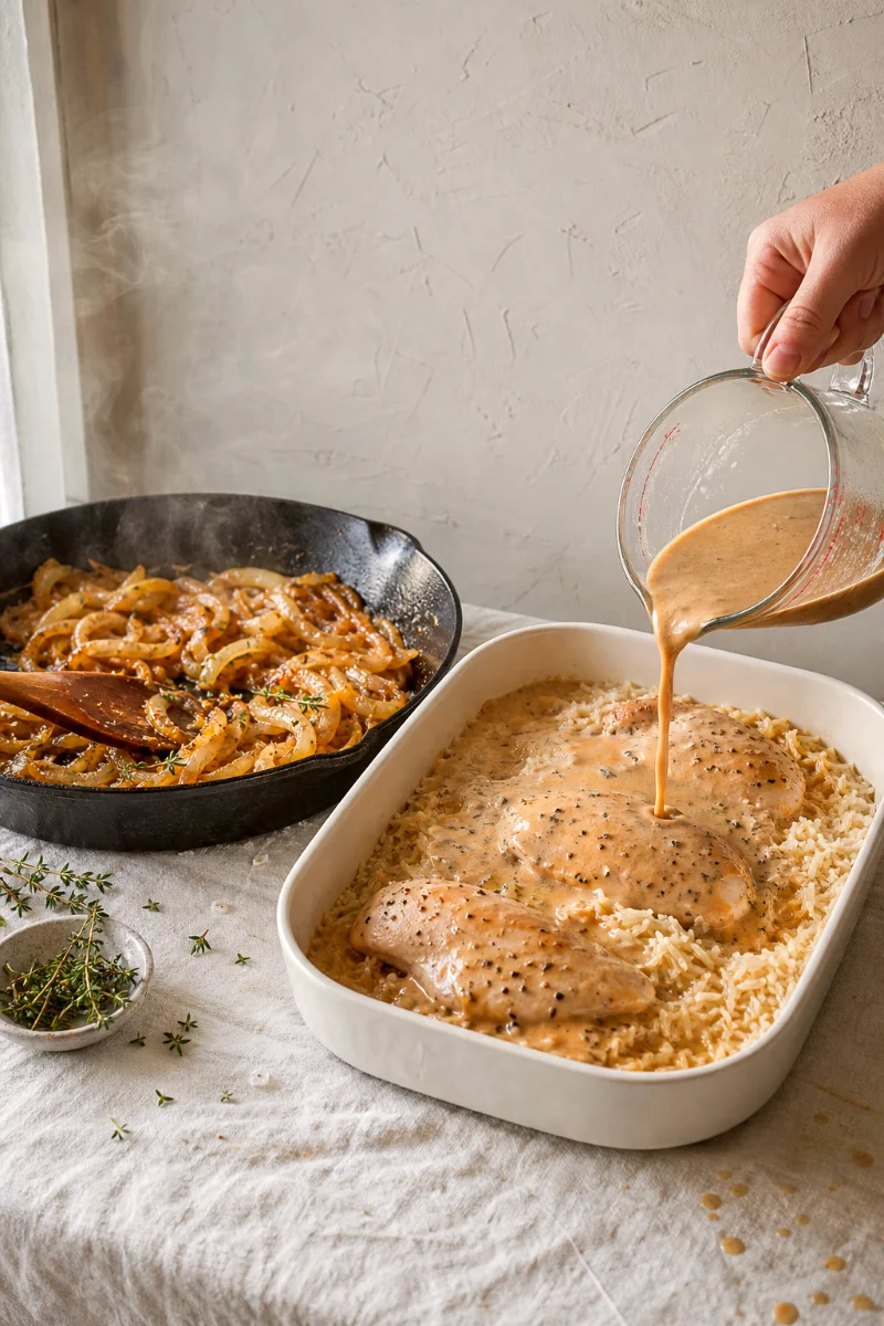 french-onion-chicken-rice-casserole-cooking-process