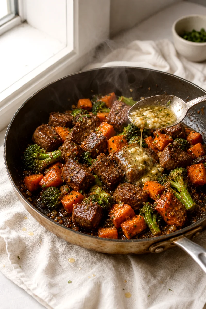 garlic-butter-steak-sweet-potatoes-cooking-process